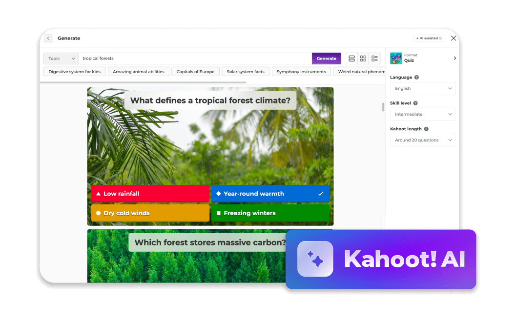Kahoot! AI quiz generator showing a tropical forests quiz with the question 'What defines a tropical forest climate?' and four answer choices.