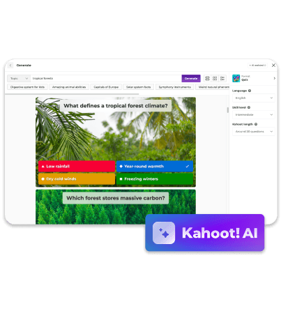 Kahoot! AI quiz generator showing a tropical forests quiz with the question 'What defines a tropical forest climate?' and four answer choices.