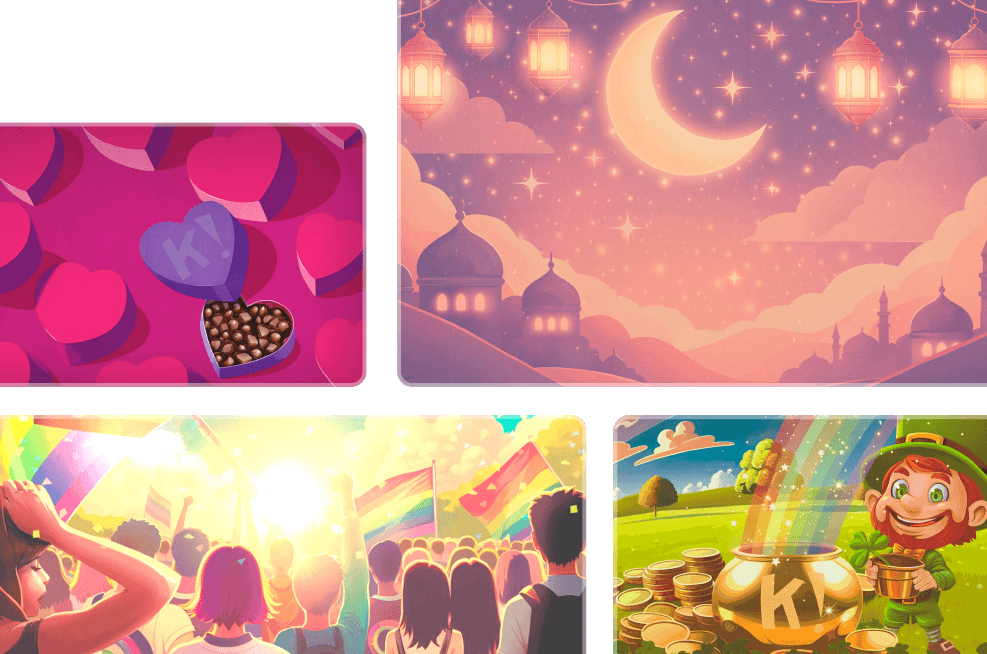 Four festive Kahoot quiz cover images including Valentine's Day, Ramadan night, Pride celebration, and St. Patrick's Day