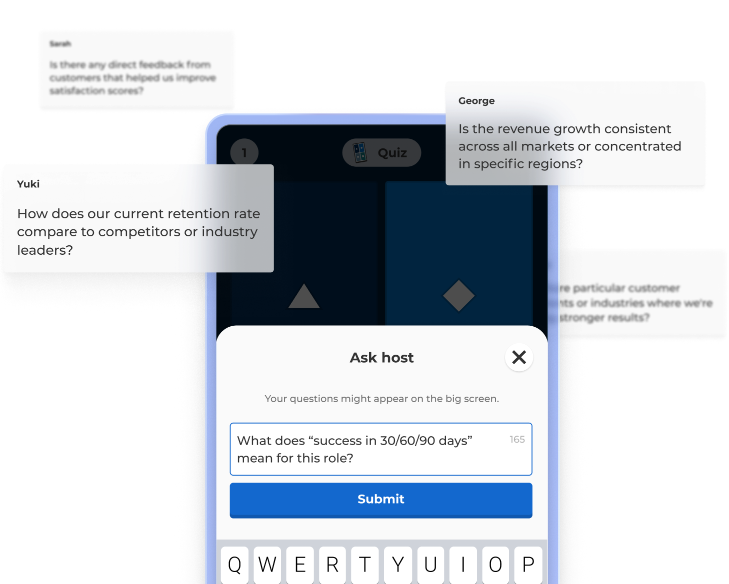 A mobile interface for audience interaction with floating chat bubbles floating around the device.