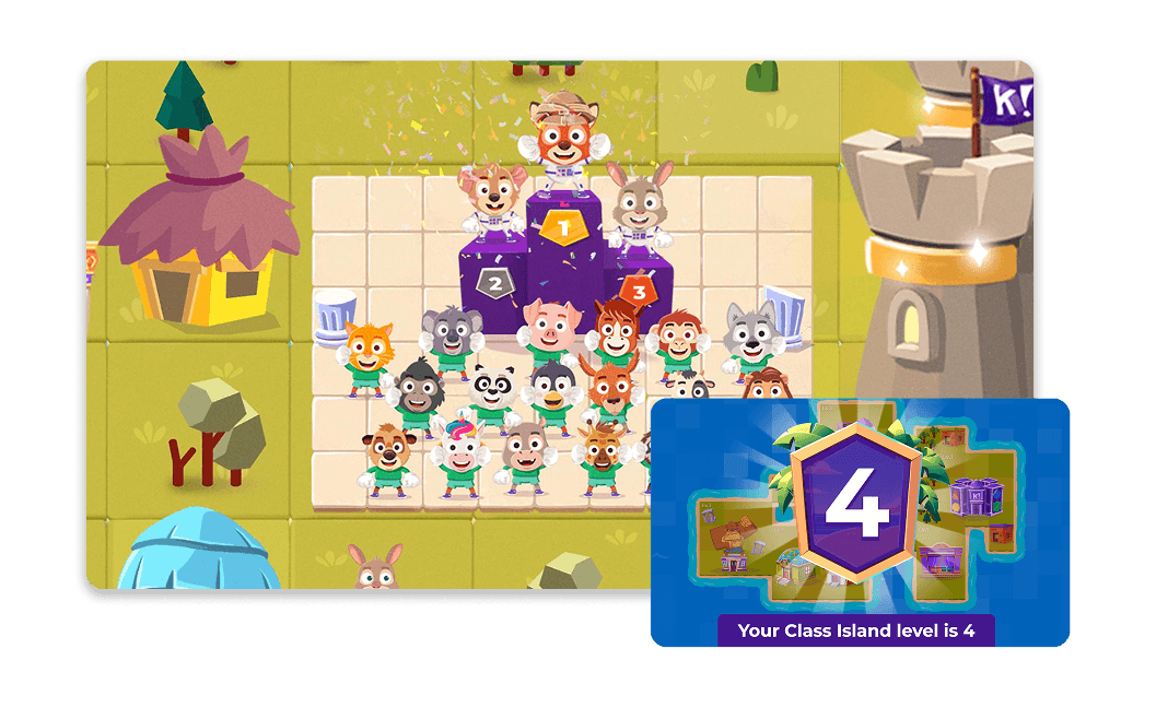 Kahoot! Class Island gamification feature showing animated animal characters on a podium celebrating quiz results, with a notification card indicating the class has reached Island Level 4.