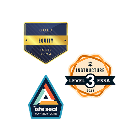 Educational certification badges: Instructure ESSA Level 3, ICEIE Gold Equity, and ISTE Seal.