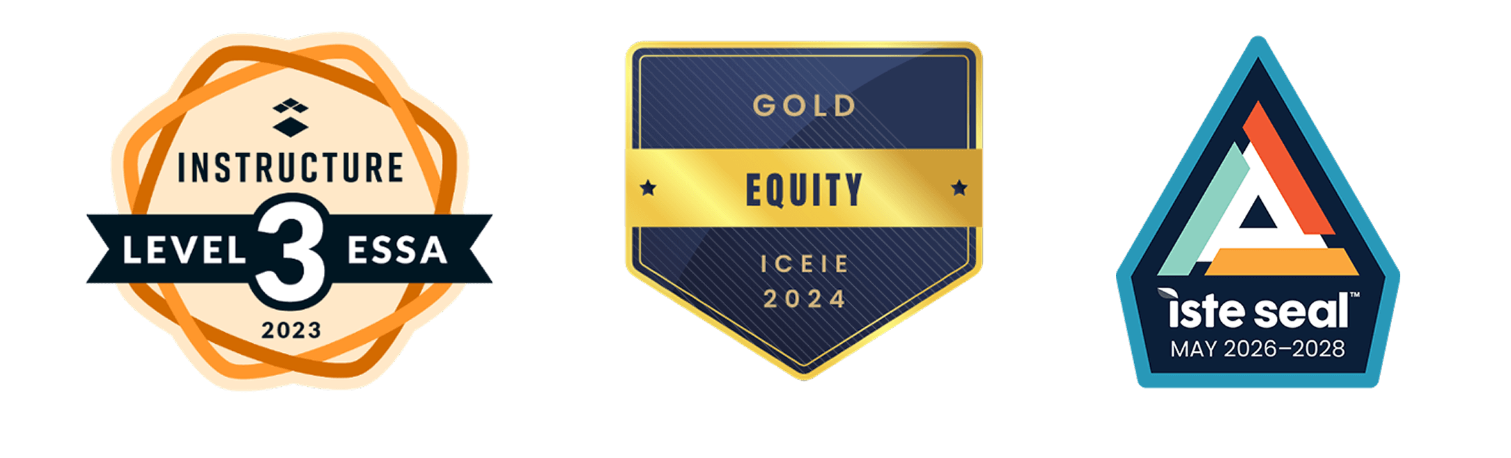 Three educational certification badges: Instructure ESSA Level 3, ICEIE Gold Equity, and ISTE Seal.