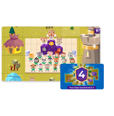Kahoot! Class Island gamification feature showing animated animal characters on a podium celebrating quiz results, with a notification card indicating the class has reached Island Level 4.