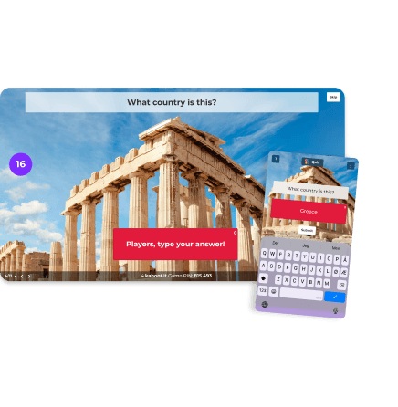 Kahoot! quiz question asking 'What country is this?' displayed over a photo of the Parthenon.