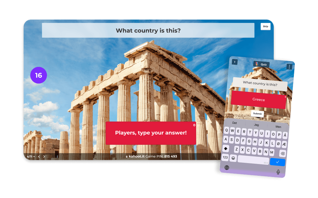 Kahoot! quiz question asking 'What country is this?' displayed over a photo of the Parthenon.