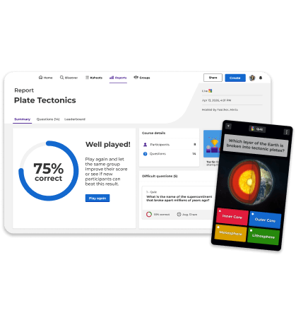 Kahoot! Reports dashboard for a 'Plate Tectonics' quiz.