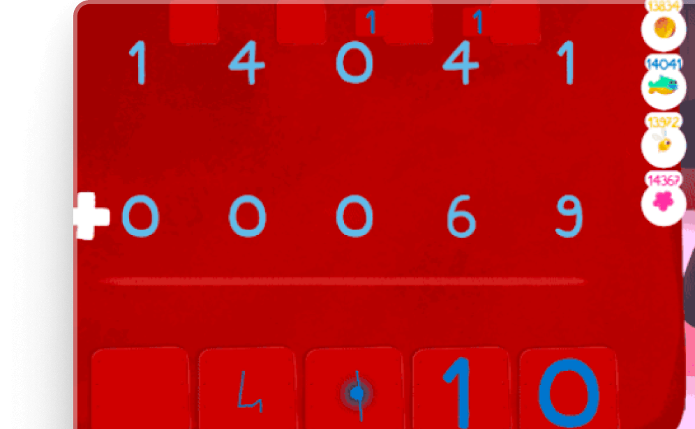 Kahoot math learning game screen displaying a multi-digit addition problem with blue numbers on a red background
