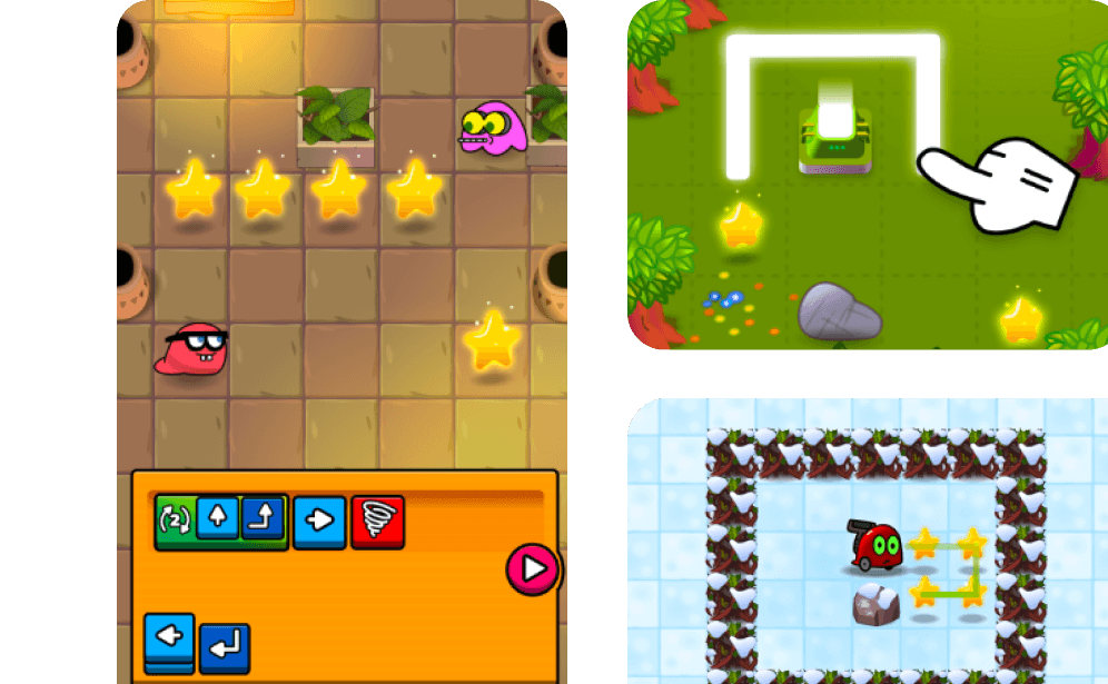 Kahoot coding game for kids showing a character navigating tile-based puzzle levels with directional command blocks