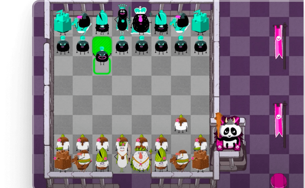 Kahoot game screen showing cartoon chess pieces on a board with a panda character seated beside a purple checkered arena