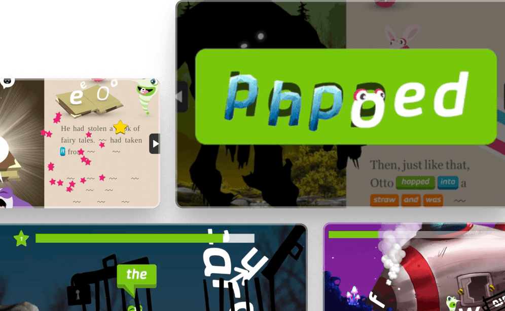 Collage of Kahoot's Dropwords app screens featuring animated reading and phonics learning games for kids