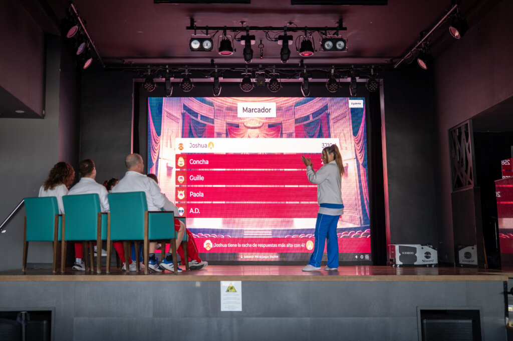 A group of RIU entertainers is being trained using Kahoot! They are in uniforms sitting on a stage in front of a big screen.