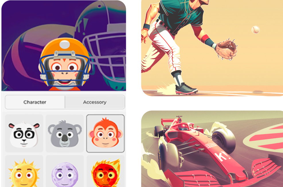 Kahoot avatar customization screen with animated character options alongside sports-themed quiz cover images