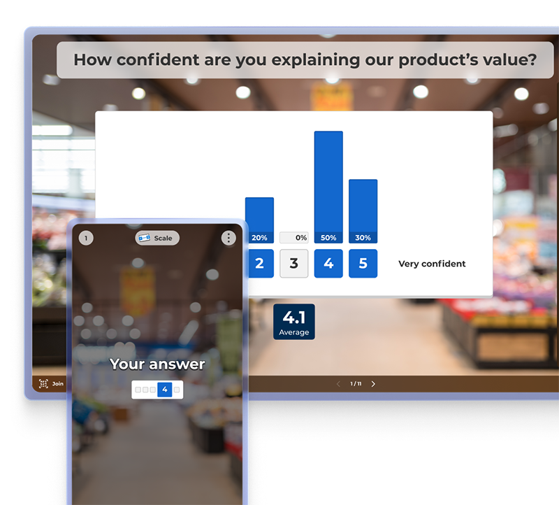 An interface showing a Scale poll result, set against a blurred background of a grocery store.