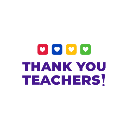 Logo with the words 'Thank you teachers' with colorful heart shaped icons above.