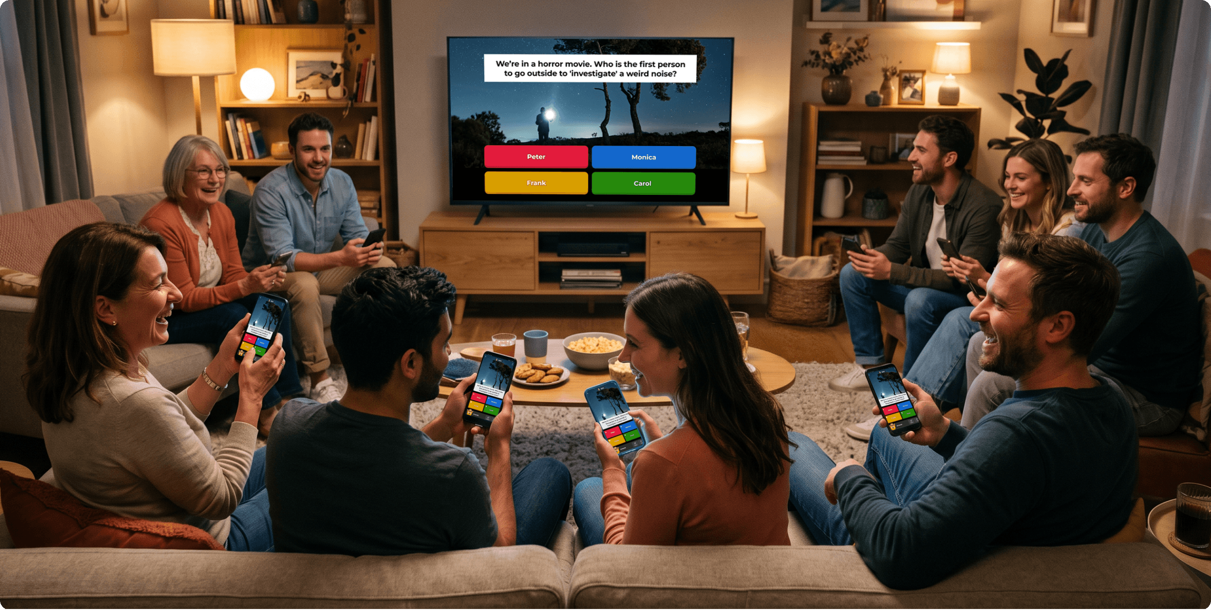 Group of adults laughing and playing a Kahoot quiz on smartphones in a cozy living room with a TV displaying quiz questions