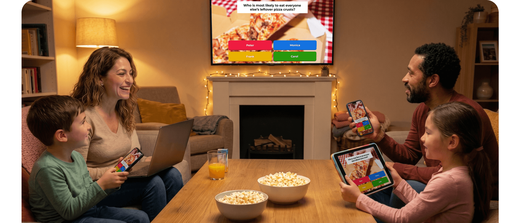 Family of four laughing while playing a Kahoot quiz together on phones and a tablet in a warm living room