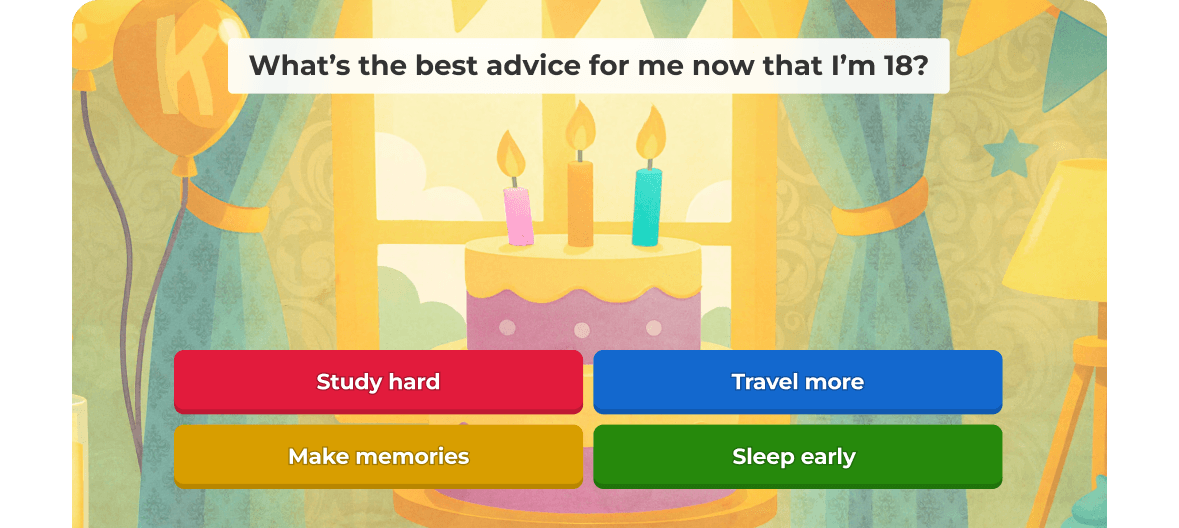 Kahoot quiz slide asking birthday advice with four colorful answer buttons and a festive illustrated cake background