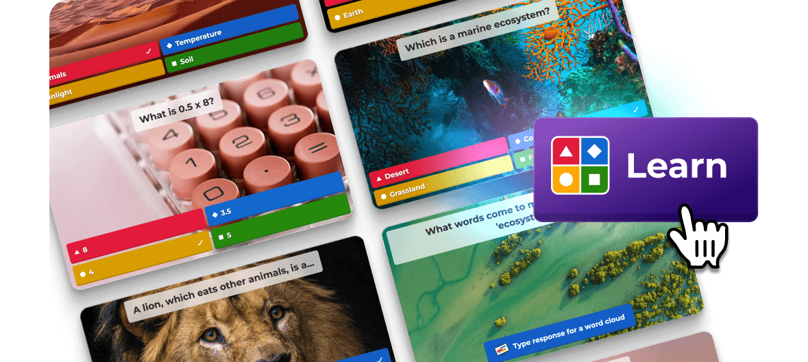 Collage of Kahoot quiz question cards on math, science, and ecosystems topics with a purple Kahoot Learn button
