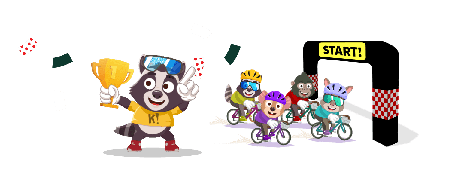 Kahoot mascot raccoon holding a trophy beside cartoon animals racing bikes at a Tour de France themed quiz start line