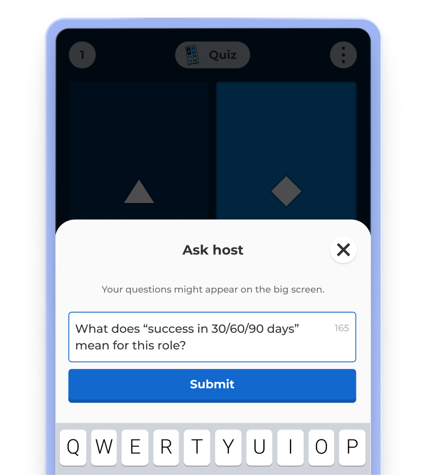 A smartphone screen showing a Kahoot-style quiz app with an 