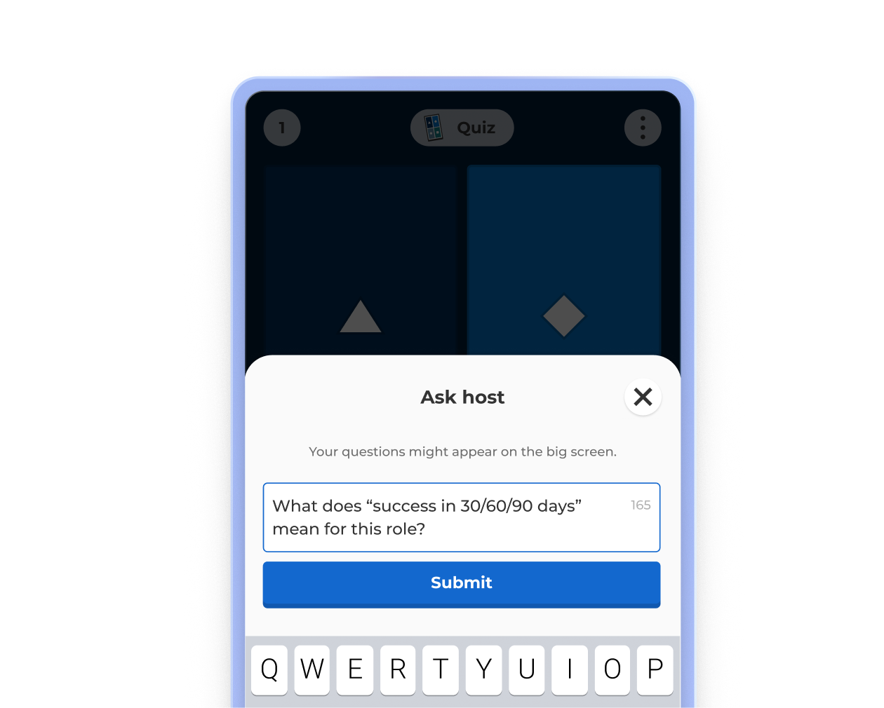 Uma tela de smartphone mostrando um app de quiz no estilo Kahoot com um 