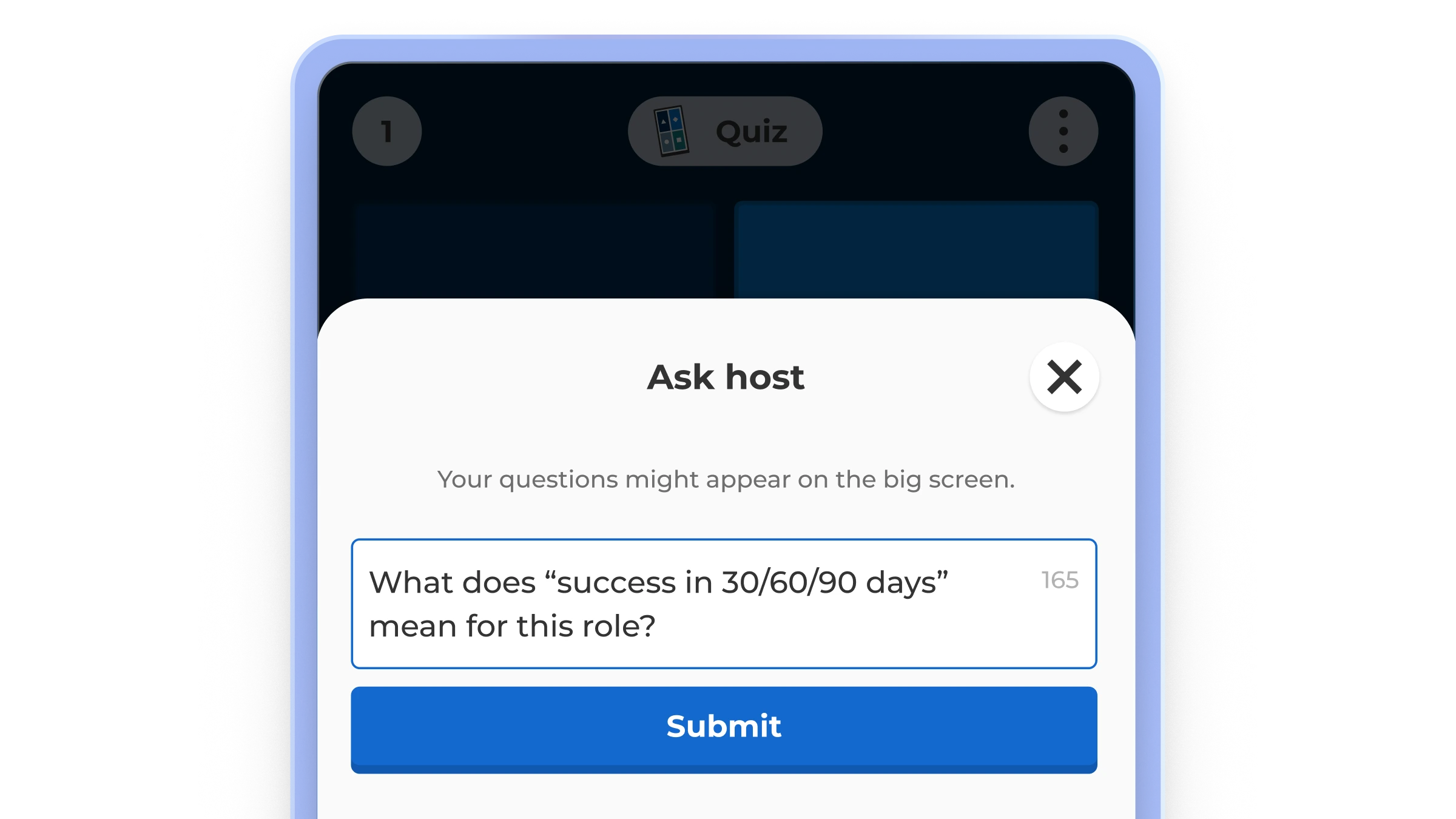 A smartphone screen showing a Kahoot-style quiz app with an 