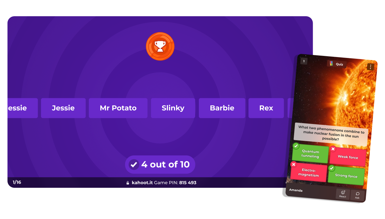 Kahoot game host screen showing leaderboard and player mobile answer view
