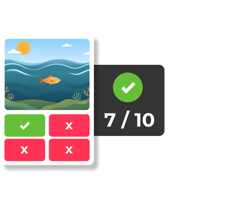 Kahoot true/false question with ocean scene image, showing 7/10 correct answers