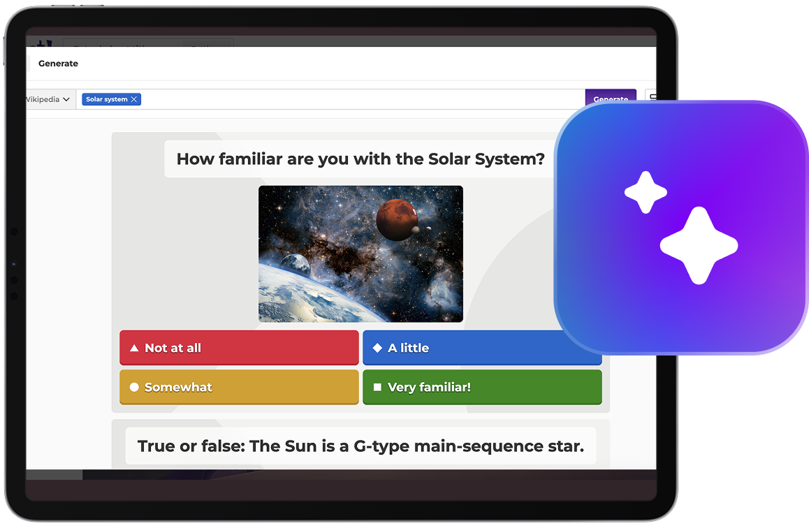 Kahoot AI-generated Solar System quiz on a tablet showing multiple-choice questions with colorful answer buttons