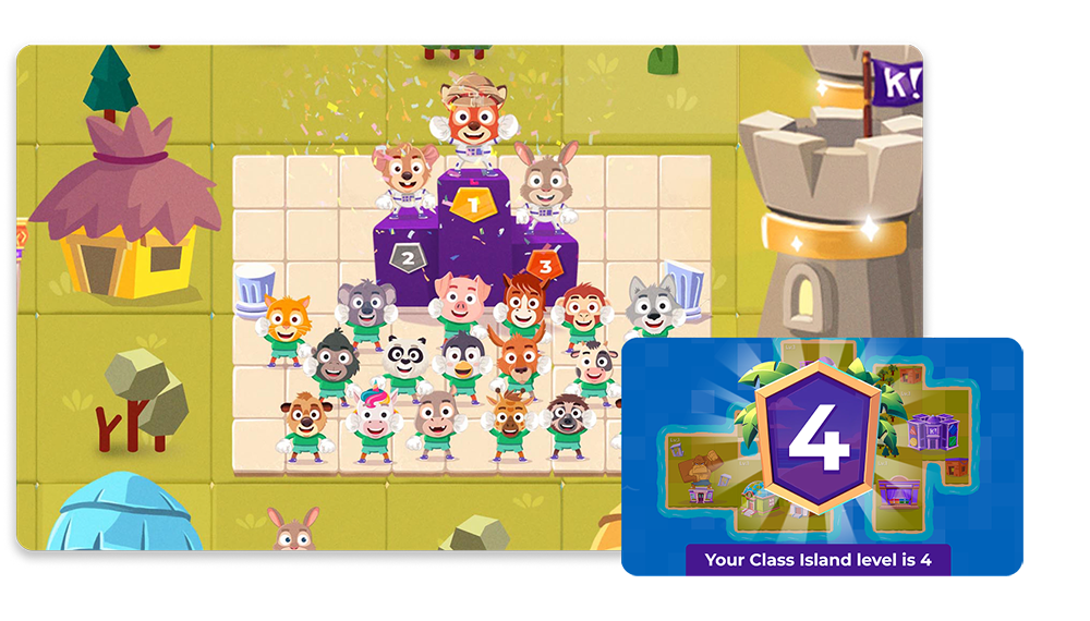 Kahoot Class Island leaderboard podium with cartoon animal avatars, level 4 badge