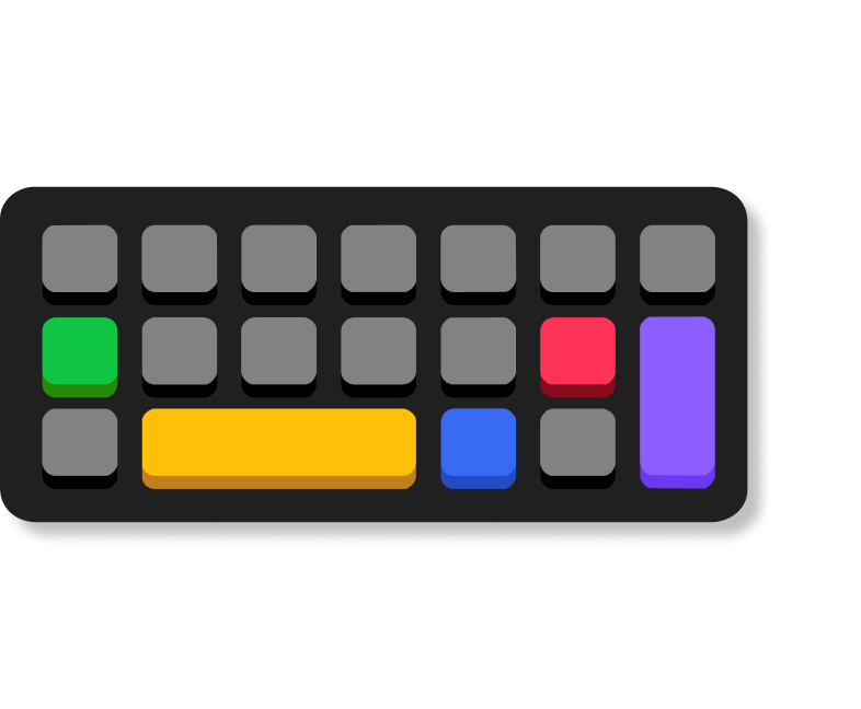 Colorful Kahoot-style keyboard illustration with highlighted shortcut keys