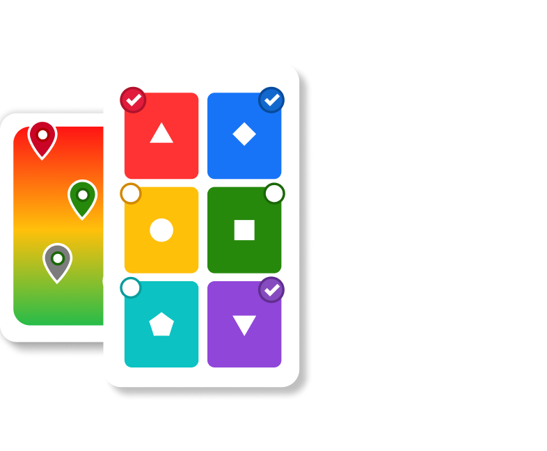 Kahoot answer options card with colored shapes and location pin ranking card