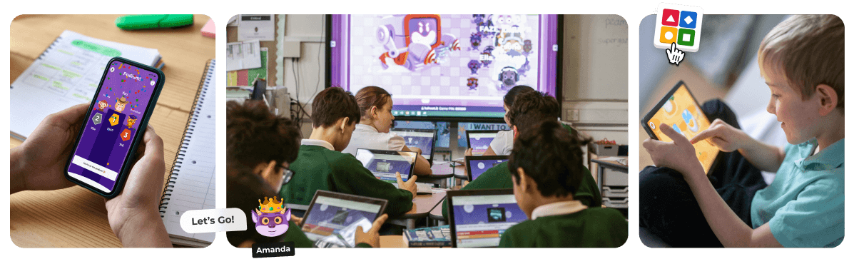 Collage of students playing Kahoot on tablets in class and a hand holding a phone showing the Kahoot podium screen