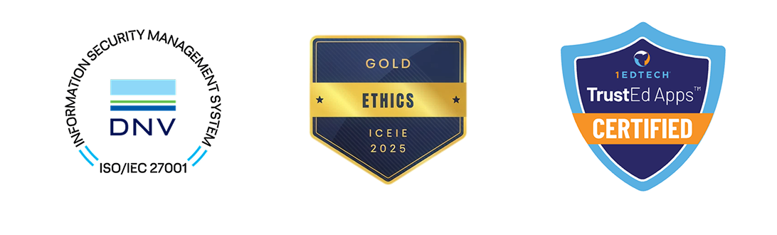 Educational certification badges: DNV ISO/IEC 27001, ICEIE Gold Ethics 2025, and TrustEd Apps Certified.