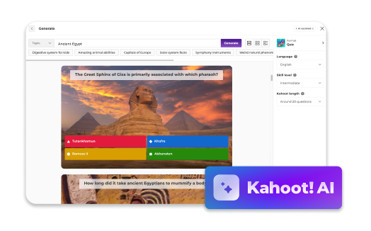 Kahoot! AI tool generating a quiz from an uploaded document, with answer options displayed on screen.