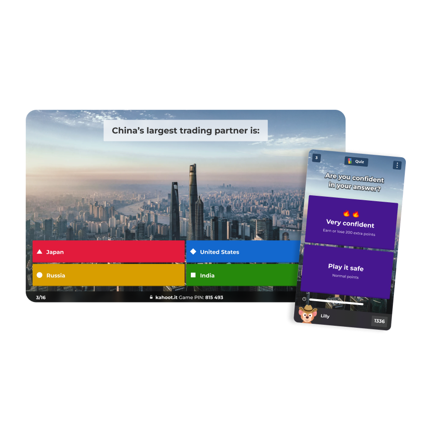 Kahoot! quiz question asking 'What country is this?' displayed over a photo of the Parthenon.