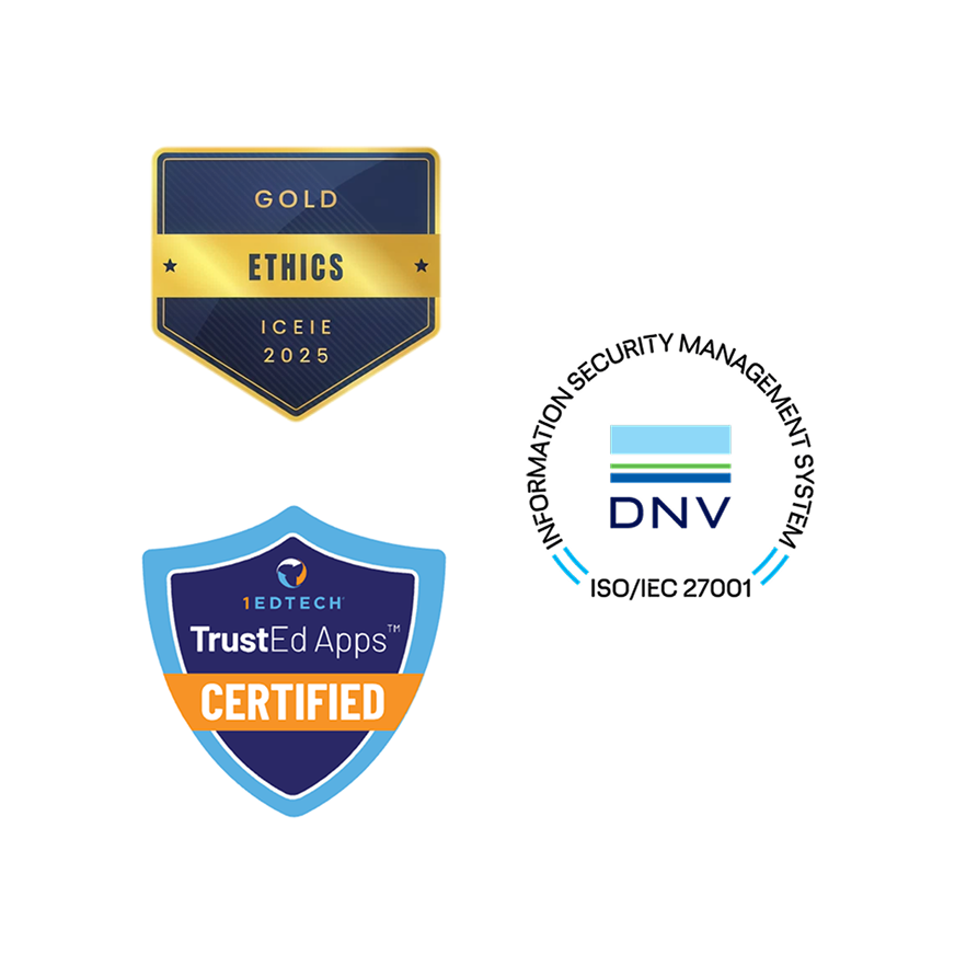Educational certification badges including ICEIE Gold Ethics, DNV ISO/IEC 27001, and TrustEd Apps Certified.