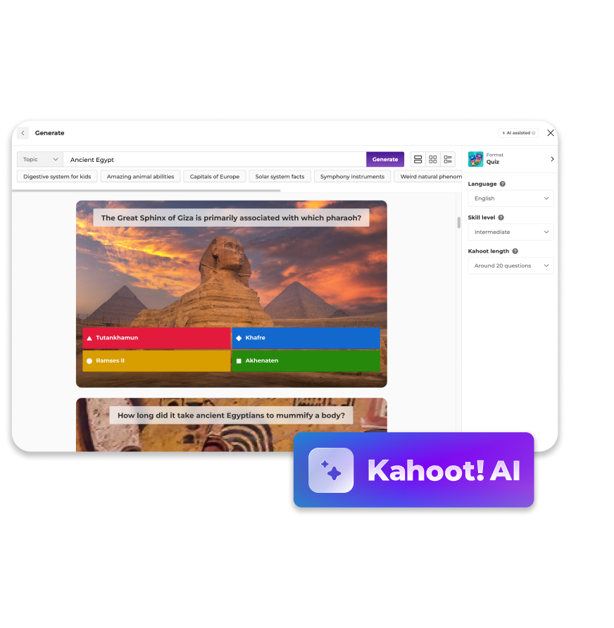 Kahoot! AI quiz generator showing a tropical forests quiz with the question 'What defines a tropical forest climate?' and four answer choices.
