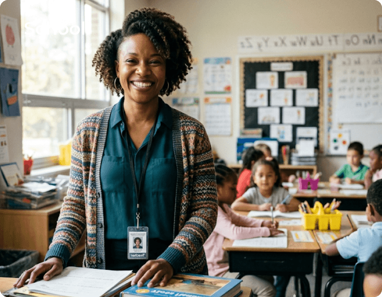 Smiling teacher standing at her desk in an elementary school classroom