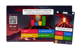 Kahoot! quiz question asking 'What type of volcano is shaped like a cone, built up by many layers?' with multiple choice answers and a photo of a volcano.
