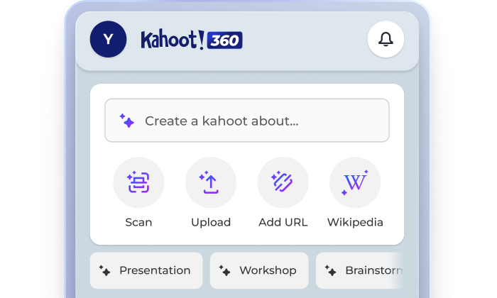 Kahoot! 360 AI assistant interface showing options to create a kahoot by scanning or uploading content.