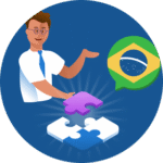 Illustration of a man placing a puzzle piece next to a Brazil flag in a speech bubble