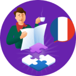 Illustration of a person reading a newspaper and holding a cup with a french flag in a speech bubble