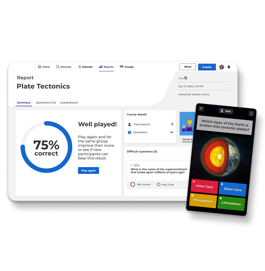An interface for creating a kahoot instantly with AI which features a text input box with options below to import from PDF or slides (Google/PowerPoint).