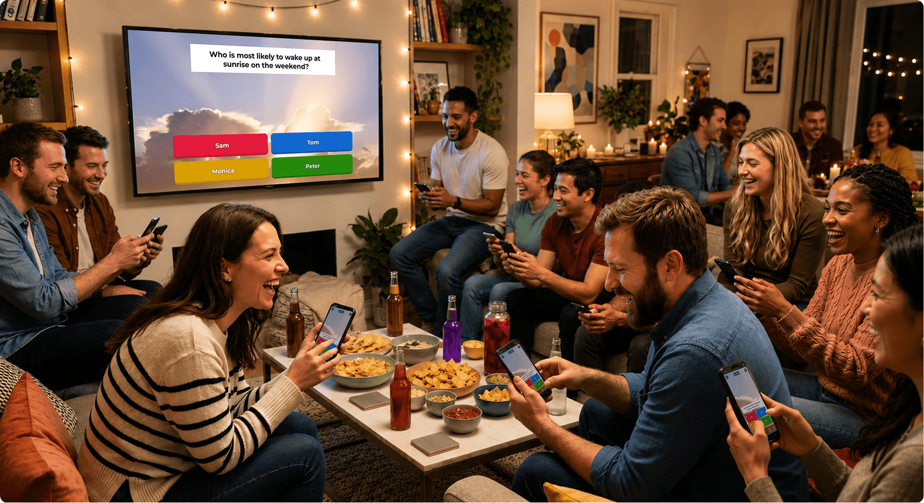 Group of adults laughing and playing a Kahoot quiz on smartphones in a cozy living room with a TV displaying quiz questions