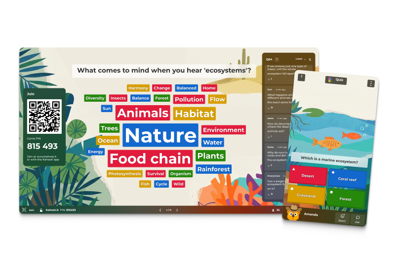 Kahoot classroom session on ecosystems showing a word cloud, Q&A panel, and marine quiz question on a student device