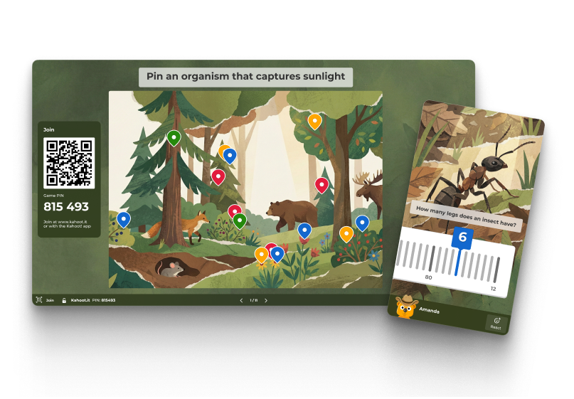 Kahoot pin-on-map activity asking students to identify an organism that captures sunlight in a forest illustration
