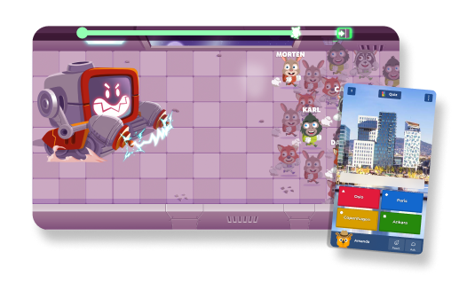 Kahoot! game mode screen showing animated characters competing on a city-themed game board.