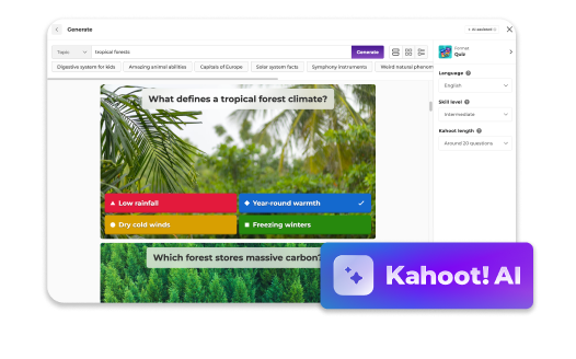Kahoot! AI tool generating quiz questions with topic, language, and skill level settings.